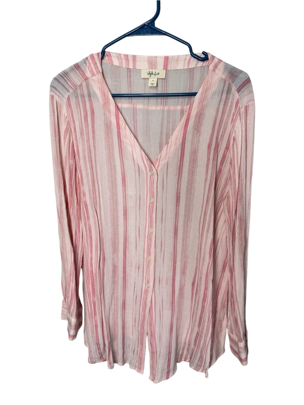 Style & Co Pink White Striped Roll Tab Sleeve Rayon Blouse Shirt Top Size S